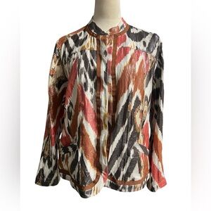 Chico's Art to Wear Metallic Linen Blend Western Print
Jacket, Size3